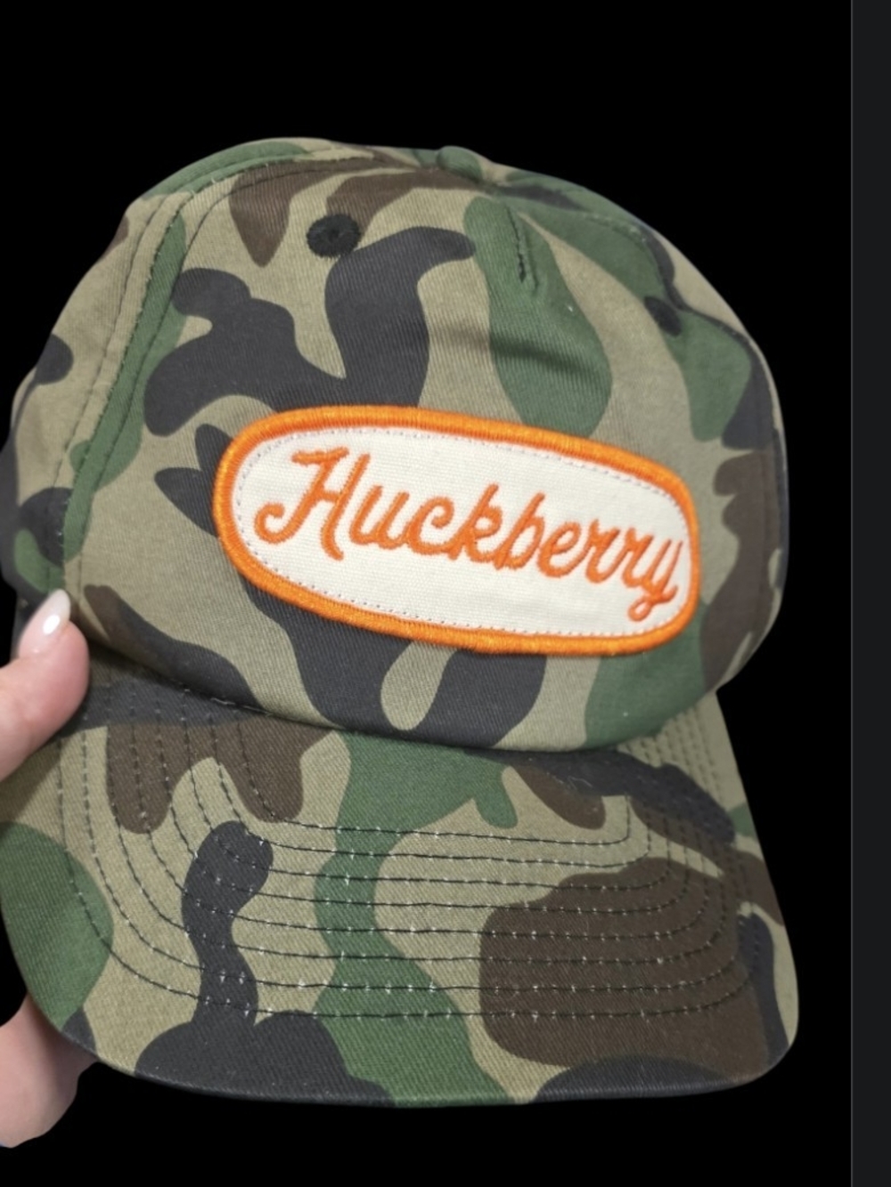 Huckberry Green Camo Baseball Cap with Orange Logo Patch EUC Worn once
